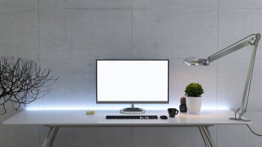 Çalışma alanı masası ve bitki, masaüstü bilgisayarı, monitör, fincan, çıkartma, masa lambası ön görünüş beton duvar gerçekçi 3D görüntüleme