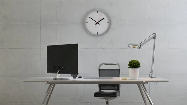 사무실 테이블은 데스크 모니터 스티커 테이블 램프보기 콘크리트 현실적 렌더링 — 스톡 사진