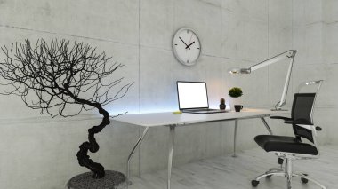 Koltuklu ofis çalışma alanı, kuru santral, masa lambası ve beyaz ahşap döşeme gerçekçi 3D