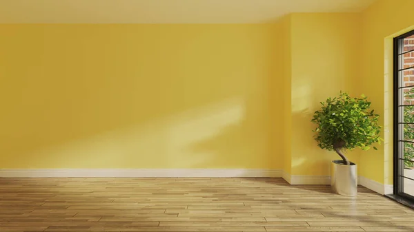 Malowana Żółta Ściana Pustym Pomieszczeniu Drewnianą Parkietową Podłogą Rośliną Balkonem — Zdjęcie stockowe