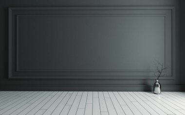 Modern klasik siyah duvar panelleri, metalik vazo, kuru bitki ve beyaz ahşap döşeme 3D