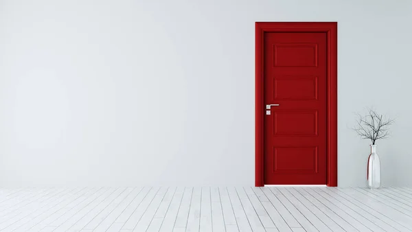 Белая Стена Красной Закрытой Дверью Белый Деревянный Пол Хромированная Ваза — стоковое фото