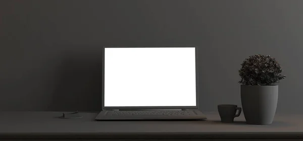 Layar Laptop Atas Meja Dengan Tanaman Cangkir Kopi Dan Dinding — Stok Foto