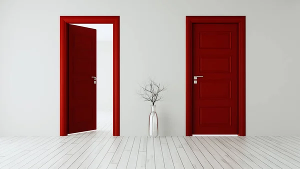 Pared Blanca Con Puerta Abierta Roja Puerta Cerrada Suelo Madera — Foto de Stock