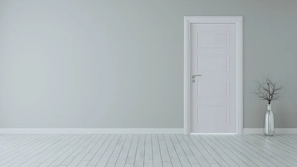 Γκρι Τοίχο Λευκή Κλειστή Πόρτα Λευκό Ξύλινο Πάτωμα Βάζο Χρωμίου — Φωτογραφία Αρχείου