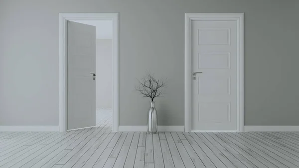 Grey Wall White Opened Door Closed Door White Wooden Floor — Stock Photo, Image