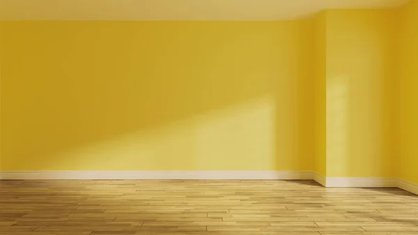 Gelbe Wand Leeren Raum Mit Parkettboden Aus Holz Und Sonnenlicht — Stockfoto