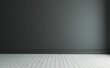 Siyah boyalı duvarı ve beyaz ahşap zemini olan boş bir oda.