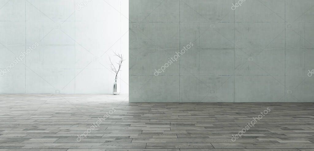 backlight empty room consisting of concrete walls with wooden floor surface and chrome vase realistic 3d rendering