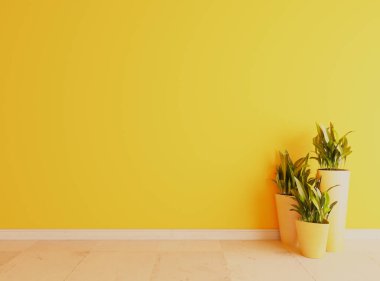 Beyaz seramik zemin yüzeyi olan sarı duvar, sarı vazo ve güneş ışığı altındaki bitkiler gerçekçi 3D görüntüleme