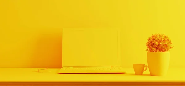 Laptop Scherm Bureau Met Plant Koffiekop Muur Geel Enkele Kleur — Stockfoto