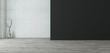 Siyah boyalı duvarı olan boş bir oda ve ahşap zemini olan beton bir duvar ve güneş ışığı gerçekçi 3 boyutlu.