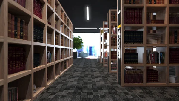 Современный Дизайн Библиотеки Состоящий Деревянных Книжных Шкафов Ковровым Покрытием — стоковое фото