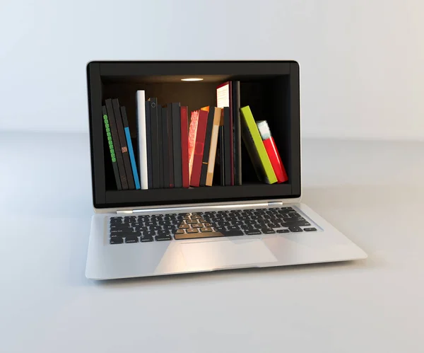 Dizüstü Bilgisayar Ekranında Kitaplık Çevrimiçi Eğitim Arama Gerçekçiliği Oluşturma — Stok fotoğraf