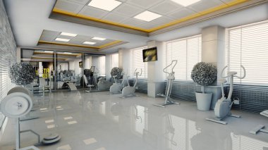 Spor ekipmanlarıyla modern spor salonu iç tasarımı gerçekçi 3D görüntüleme