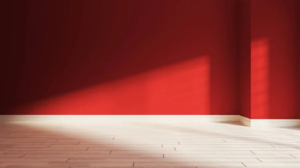 Beschilderde Rode Muur Lege Kamer Met Witte Houten Parketvloer Zonlicht — Stockfoto