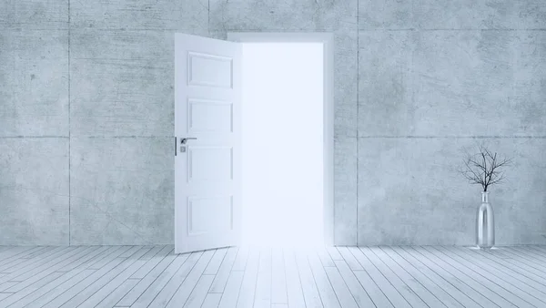 白い木製のオープンドアからコンクリート壁と白い木製の寄木細工の床の現実的な3Dレンダリングで空の部屋に入る光 — ストック写真