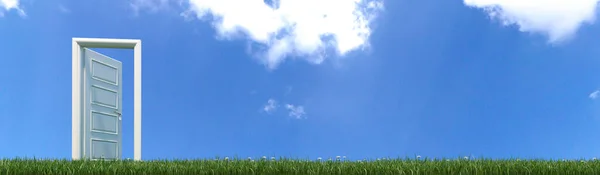 Open Witte Houten Deur Opening Naar Vrijheid Groen Gras Met — Stockfoto