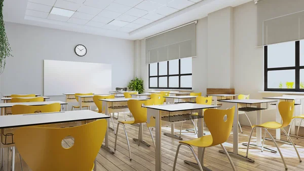 現代的な机 黄色の座席 時計の3Dレンダリングと教室のデザイン — ストック写真