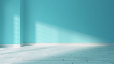 Beyaz parke zeminli boş odada açık mavi bir duvar ve duvarın penceresinden yansıyan güneş ışığı.