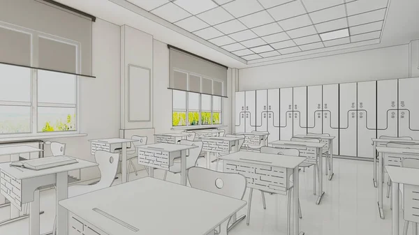 Classroom design with modern desks, seats and wardrobe draw 3D rendering