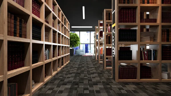 Libreria Moderna Design Con Librerie Legno Con Rendering Tappeto — Foto Stock