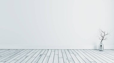 Beyaz duvarlı ve parke zeminli modern boş oda, bitki ve vazonun içi 3D