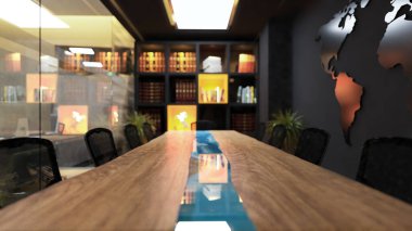 Akrilik ahşap masa ve kitap rafı gerçekçi iç tasarım fikri 3D sunumuyla modern toplantı odasında.