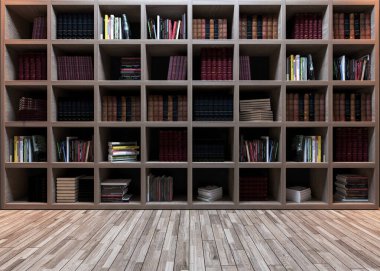 Modern kütüphane tasarımı, ahşap kitaplık ahşap parke gerçekçi 3D görüntüleme