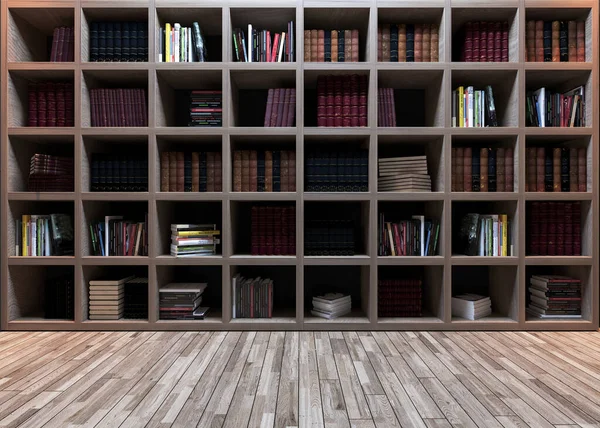 Diseño Moderno Biblioteca Estantería Madera Con Parquet Madera Representación Realista —  Fotos de Stock