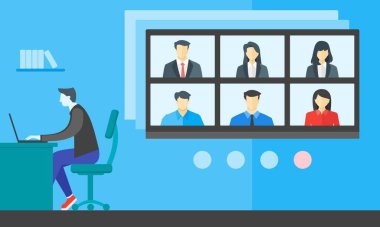 Çevrimiçi Sanal Toplantılar, Coronavirus COVID-19 Salgını sırasında Home WFH 'den Çalışmalar. Telekonferans TV Video Konferansı Webinars veya Uzaktan Çalışan. Girişim Web Bulut Servis Yazılım Kavramı