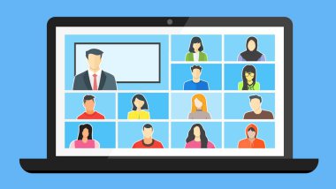 Online Sınıf. Telekonferans web konferansı üzerinden Coronavirus COVID-19 Pandemik Salgın Ekranı sırasında evden Öğren. Acil Shcool, Üniversite Sınavı veya Kursu