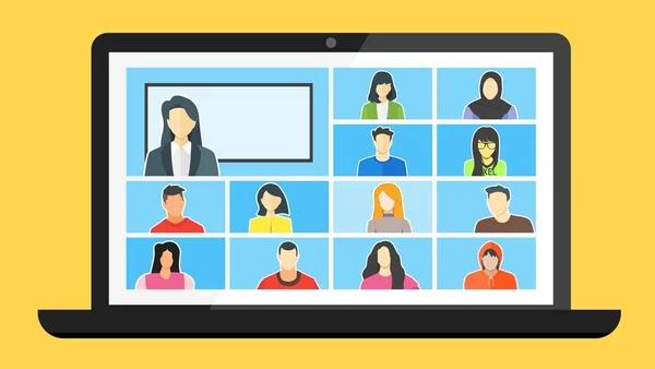 Turma Online Fique Escola Aprenda Estudar Casa Através Teleconferência Videoconferência — Vetor de Stock