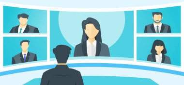 Çevrimiçi Sanal Uzaktan Görüşmeler, TV Video Web Konferansı Telekonferansı. Şirketin CEO 'su Yönetici Müdür & Personel Ekibi Ev WFH Cloud Canlı Yayın Çalışması Öğrenin Webinars Collab 