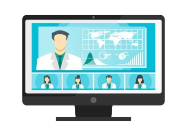 5 Paneli Doktor TV Videosu Web Konferansı Telekonferansı. Bilim adamı Cerrah Uzmanı Tıbbi Uzman Hemşire Eczanesi Sanal Toplantılar. Hastane Ekibi Uzaktan Çalışma Eğri COVID-19 Salgınını Düzleştir