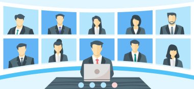 Çevrimiçi Sanal Uzaktan Görüşmeler, TV Video Web Konferansı Telekonferansı. Şirketin CEO 'su İcra Müdürü Patron ve Personel Ekibi Ev Hücresinden Kişisel Karantina ya da Tecrit Süresinde Çalışıyor