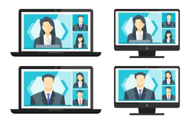 3 Panel Çevrimiçi Sanal Uzaktan Görüşmeler, PC Video Web Konferansı Telekonferansı. Şirketin CEO 'su Yönetici Yönetici Patron Çalışan Ekip Çalışması Ev WFH Live Stream Webinars' tan Öğreniyor