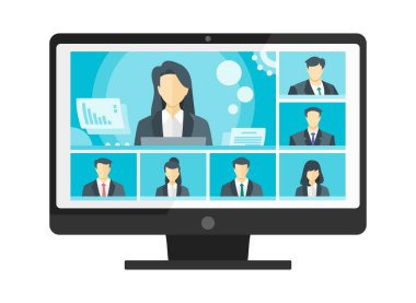 7 Panel Çevrimiçi Sanal Uzaktan Görüşmeler, TV Videosu Web Konferansı Telekonferansı Kadın Merkezi. Şirketin CEO 'su Yönetici Yönetici Patron Çalışan Ekip Çalışması Ev WFH PC Canlı Yayın Webinars' tan Öğrenin