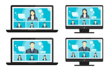 4 Panel Çevrimiçi Sanal Uzaktan Görüşmeler, PC Video Web Konferansı Telekonferansı. Şirketin CEO 'su Yönetici Yönetici Patron Çalışan Ekip Çalışması Ev WFH Live Stream Webinars' tan Öğreniyor
