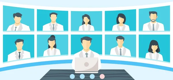 Global Doctor Acil Tıbbi Kriz TV Video Web Konferansı Telekonferansı. Uzman Cerrah Uzman Hemşire Asistanı Sanal Toplantılar. COVID-19 Salgını sırasında Hastane Ekibi Uzaktan Çalışması