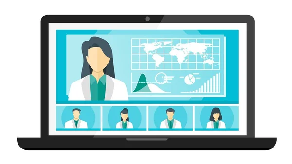 5 Paneli Doktor TV Videosu Web Konferansı Telekonferansı. Bilim adamı Cerrah Uzmanı Tıbbi Uzman Hemşire Eczanesi Sanal Toplantılar. Hastane Ekibi Uzaktan Çalışma Eğri COVID-19 Salgınını Düzleştir