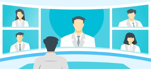 Doktor TV Video Web Konferansı Telekonferansı. Uzman Cerrah Tıbbi Uzman Hemşire Asistanı Sanal Toplantılar. COVID-19 Salgın Kapatma ve Kişisel Karantina sırasında Hastane Ekibi Uzaktan Çalışması