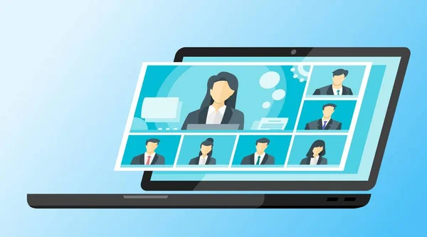 Panels Online Virtual Remote Meetings Video Web Conference Teleconference Vrouwelijke — Stockvector