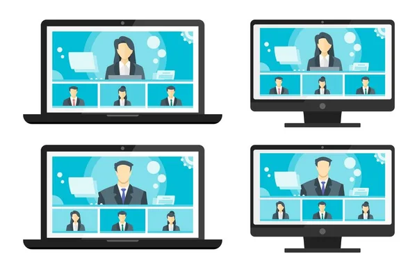 4 Panel Çevrimiçi Sanal Uzaktan Görüşmeler, PC Video Web Konferansı Telekonferansı. Şirketin CEO 'su Yönetici Yönetici Patron Çalışan Ekip Çalışması Ev WFH Live Stream Webinars' tan Öğreniyor