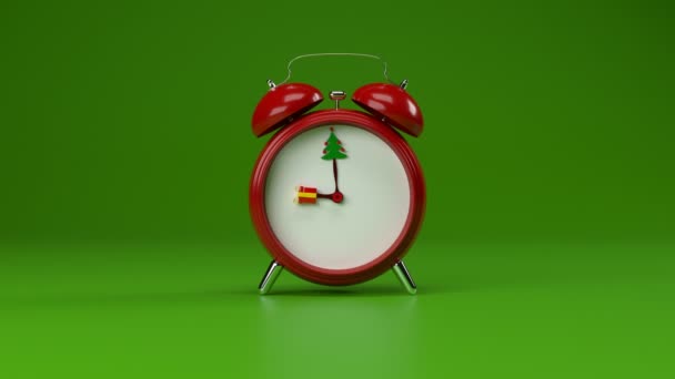 Conceptuele Wekker Het Thema Kerstmis Aftellen Tot Geschenken Groene Bomen — Stockvideo