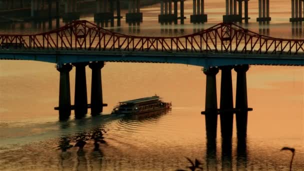 漢江の橋の下でフェリーします。 — ストック動画