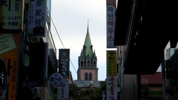 Myeong-dong sokakta ticari reklam panoları — Stok video