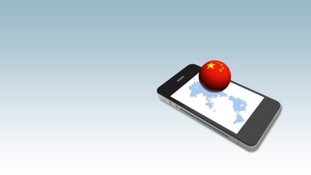 有中国国旗的球体在智能手机和元钞票上旋转 全球经济概念 — 图库视频影像