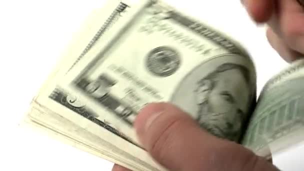 男性手计数美国货币孤立在白色背景 — 图库视频影像