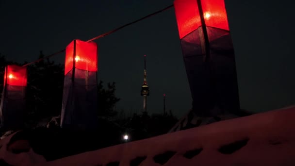 Detalhes Noite Casa Tradicional Coreana Com Lanternas — Vídeo de Stock